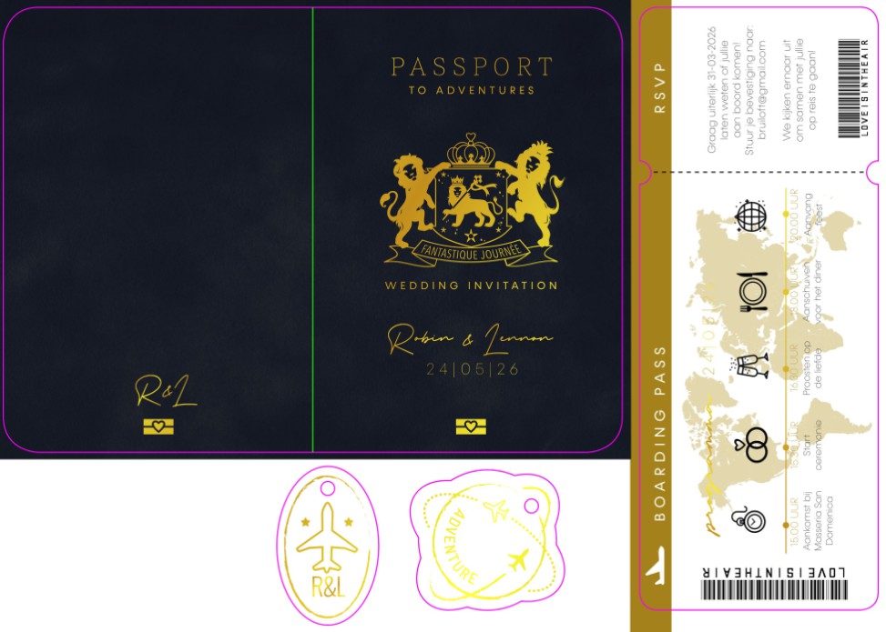FOLIE STAPEL Trouwkaart - Paspoort met Boarding Pass Blauw en Goud