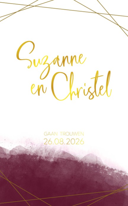 Trouwkaart goudfolie met bordeaux watercolor voor