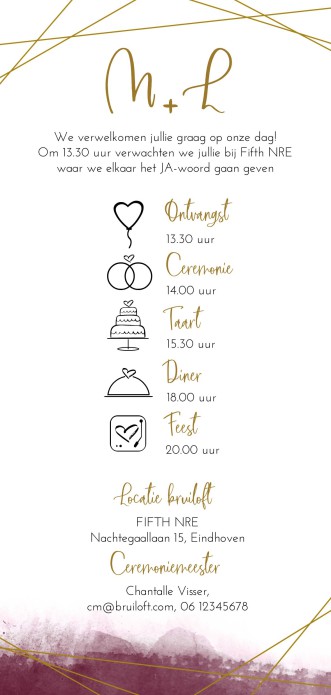 Trouwkaart goudfolie met bordeaux watercolor achter