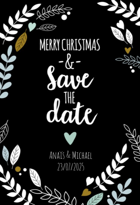 Kerst Save the date - Blaadjes Zwart-Wit