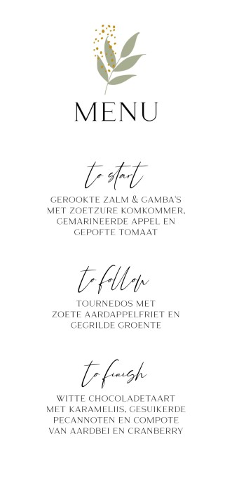 Menukaart - Groen takje met gouden stipjes