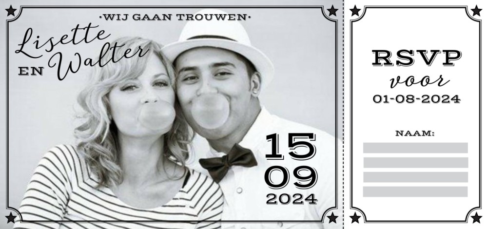 Trouwkaart - Fotokaart Zwart-Wit ticket met RSVP