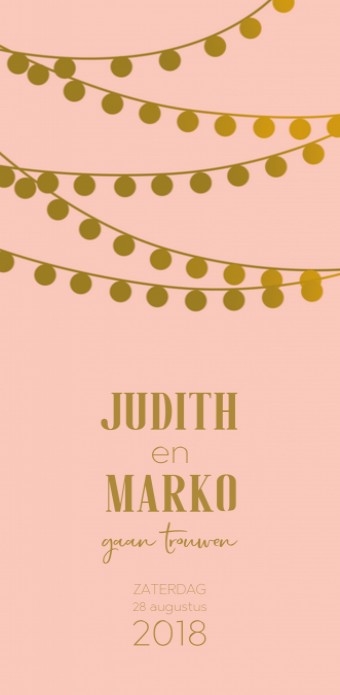 Trouwkaart - Goud Tint Festivallampjes Roze