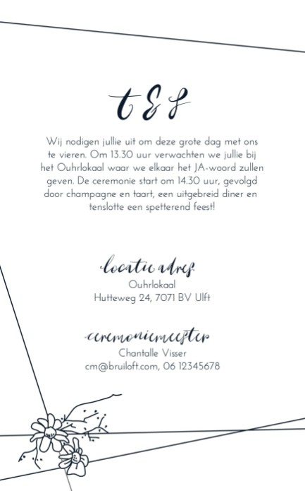 Trouwkaart Midnight blue and white achter